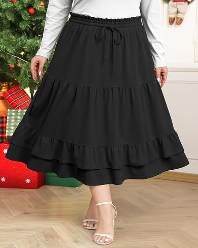 Women's Plus Size Midi Skirt Ruffle Tiered Skirts Midi Length Casual Flowy A Line Fall Skirt with Pockets in Saudi Arabia