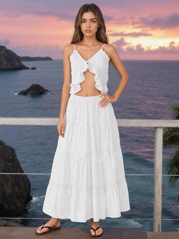 Long Skirts for Women Boho Maxi Skirt Summer Long Beach Skirt Swing Tiered A-Line Elastic High Waist Dress Fashion in Saudi Arabia