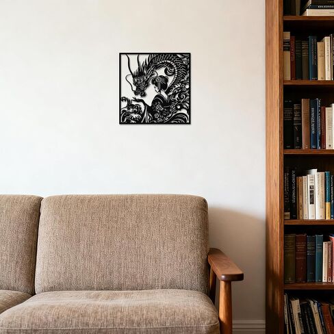 JEWLOVE Japanese Dragon & Geisha Metal Wall Art - Traditional Japanese Decor for Living Room, Bedroom（11.81"x11.81",Black in Kuwait