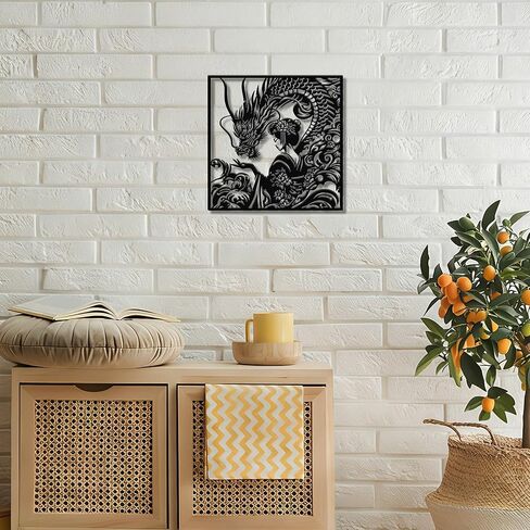 JEWLOVE Japanese Dragon & Geisha Metal Wall Art - Traditional Japanese Decor for Living Room, Bedroom（11.81"x11.81",Black in Kuwait