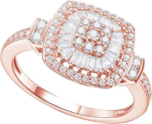 Diamond Cushion Shape Ring, Round and Baguette Shaped Diamond Design, 75 Natural Diamonds, 14K Rose Gold, 1/2 cttw, I2-I3 Clarity in Kuwait