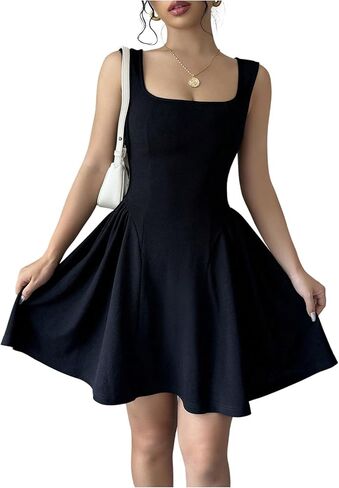 WDIRARA Women's Square Neck Sleeveless Dress Flowy A Line Short Dresses in Saudi Arabia