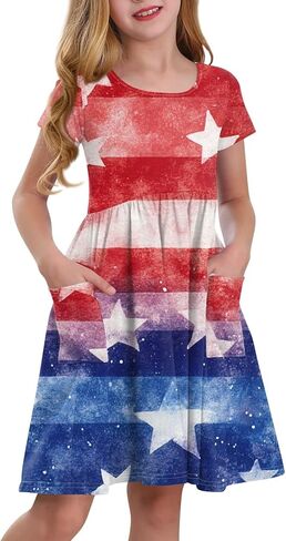 Girls' Short Sleeve Flag Dress Patriotic Floral Print Casual Summer Dress with Pockets in Saudi Arabia
