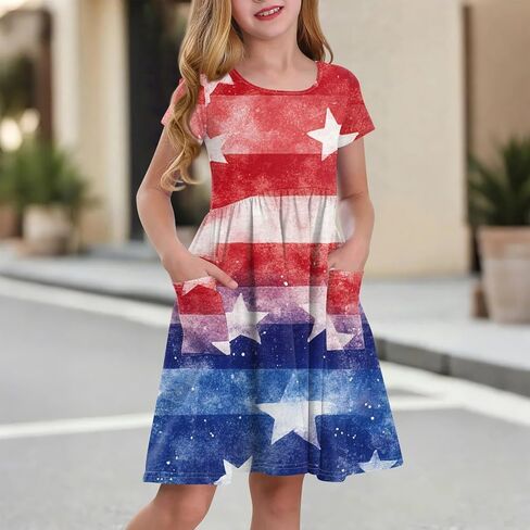 Girls' Short Sleeve Flag Dress Patriotic Floral Print Casual Summer Dress with Pockets in Saudi Arabia
