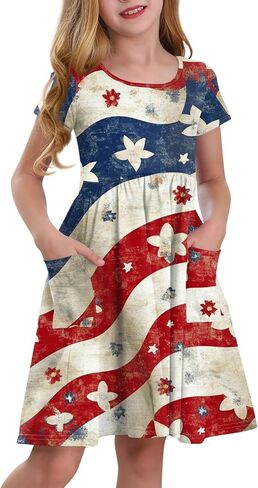Girls' Short Sleeve Flag Dress Patriotic Floral Print Casual Summer Dress with Pockets in Saudi Arabia