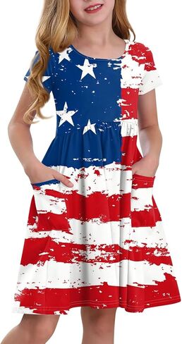 Girls' Short Sleeve Flag Dress Patriotic Floral Print Casual Summer Dress with Pockets in Saudi Arabia