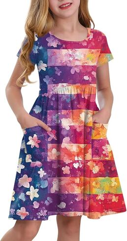 Girls' Short Sleeve Flag Dress Patriotic Floral Print Casual Summer Dress with Pockets in Saudi Arabia