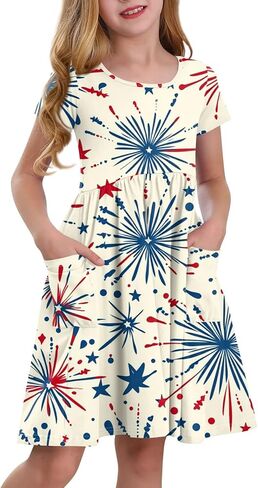 Girls' Short Sleeve Flag Dress Patriotic Floral Print Casual Summer Dress with Pockets in Saudi Arabia