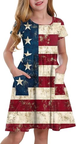 Girls' Short Sleeve Flag Dress Patriotic Floral Print Casual Summer Dress with Pockets in Saudi Arabia