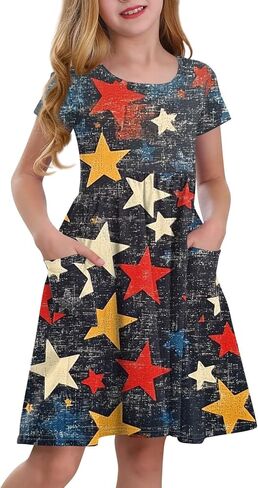 Girls' Short Sleeve Flag Dress Patriotic Floral Print Casual Summer Dress with Pockets in Saudi Arabia