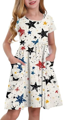 Girls' Short Sleeve Flag Dress Patriotic Floral Print Casual Summer Dress with Pockets in Saudi Arabia