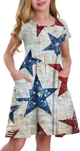 Girls' Short Sleeve Flag Dress Patriotic Floral Print Casual Summer Dress with Pockets in Saudi Arabia