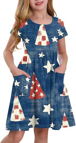Girls' Short Sleeve Flag Dress Patriotic Floral Print Casual Summer Dress with Pockets in Saudi Arabia