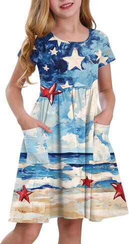 Girls' Short Sleeve Flag Dress Patriotic Floral Print Casual Summer Dress with Pockets in Saudi Arabia