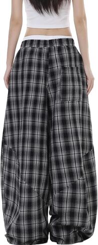 Women's Plaid Loose Wide Leg Pants Drawstring Elastic Waist Casual Baggy Trousers Trendy Y2K Streetwear with Pockets in Saudi Arabia