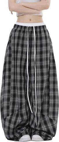 Women's Plaid Loose Wide Leg Pants Drawstring Elastic Waist Casual Baggy Trousers Trendy Y2K Streetwear with Pockets in Saudi Arabia