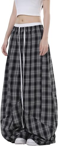 Women's Plaid Loose Wide Leg Pants Drawstring Elastic Waist Casual Baggy Trousers Trendy Y2K Streetwear with Pockets in Saudi Arabia