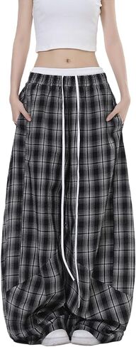 Women's Plaid Loose Wide Leg Pants Drawstring Elastic Waist Casual Baggy Trousers Trendy Y2K Streetwear with Pockets in Saudi Arabia