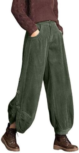 utcoco Women's Corduroy Wide Leg Pants Y2K Buttons Side Slit High Waist Lantern Trousers with Pockets in Saudi Arabia