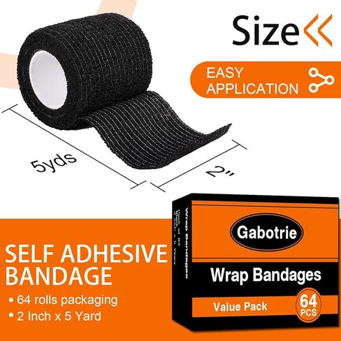 64 Pcs Self Adhesive Bandage Wrap, Black Athletic Tape, 2 Inch x 5 Yard Elastic Self-Adherent Tape, Breathable Sports Wrap, Stretch Cohesive Bandage Wraps for Wrist Ankle Pet in Kuwait