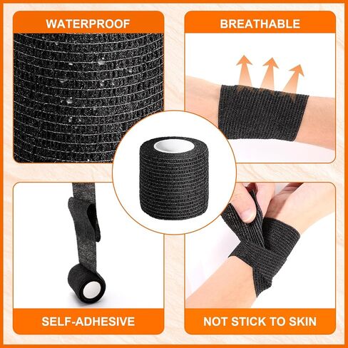 64 Pcs Self Adhesive Bandage Wrap, Black Athletic Tape, 2 Inch x 5 Yard Elastic Self-Adherent Tape, Breathable Sports Wrap, Stretch Cohesive Bandage Wraps for Wrist Ankle Pet in Kuwait