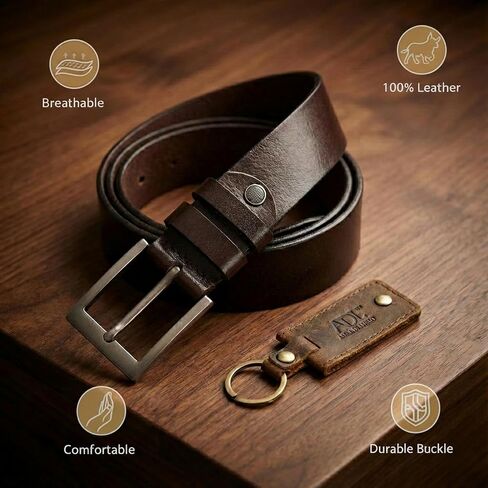 Thicken 1.5" Full Grain Leather Mens Belt & Key Chain Combo | Heavy Duty Everyday Carry | Gift Box Packed in Saudi Arabia