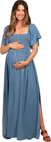 PinkBlush Light Chambray Smocked فستان ماكسي للحمل in Saudi Arabia