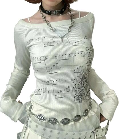 Y2K Emo Grunge Goth Shirt Long Sleeve Off Shoulder Teen Girls T-Shirt Alt Top 2000s Clothes in Saudi Arabia