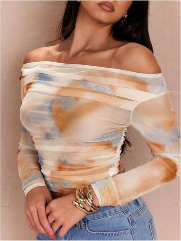 تي شيرت نسائي من MakeMeChic شبكي بدون أكتاف وربطة عنق وأكمام طويلة مكشكشة in Kuwait