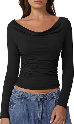QINSEN Women Cowl Neck Long Sleeve T Shirts Double Lined Tight Fitted Crop Top in Saudi Arabia