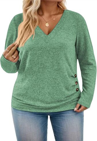 ROSRISS Plus-Size-Tops for Women Casual Long Sleeve Shirts Loose Fit V Neck Button Blouses Dressy Pullover Tunics XL-5XL in Saudi Arabia