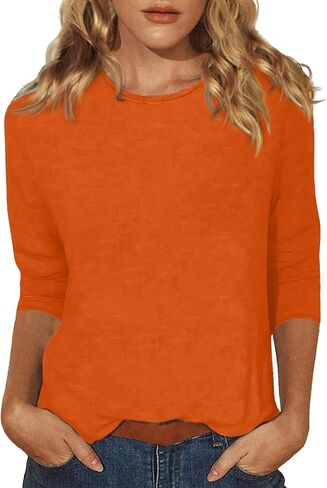 3/4 Length Sleeve Tops for Women Casual Loose Fit Crewneck T Shirts Cute Solid Plus Size Spring Fashion Tops 2025 in Saudi Arabia