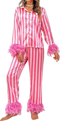 Argeousgor Women 2 Piece Satin Feather Pajama Set Long Sleeve Striped Tops Elastic Waist Patchwork Pants Sleepwear Outfit in Saudi Arabia