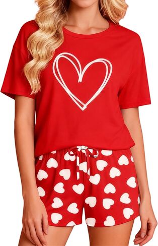 PECHAR Valentine Pajamas Women: Valentines Pjs 2 Piece Short Sleeve Heart Shirts and Pants Sleepwear Set Loungewear in Saudi Arabia