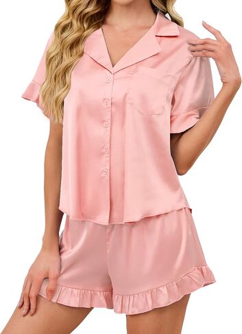 KFUBUO Silky Satin Pajamas for Women Set Short Sleeve Button Down 2 Piece Pjs Shorts Sets Soft Sleepwear Loungewear in Saudi Arabia