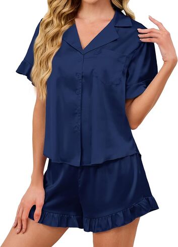 KFUBUO Silky Satin Pajamas for Women Set Short Sleeve Button Down 2 Piece Pjs Shorts Sets Soft Sleepwear Loungewear in Saudi Arabia