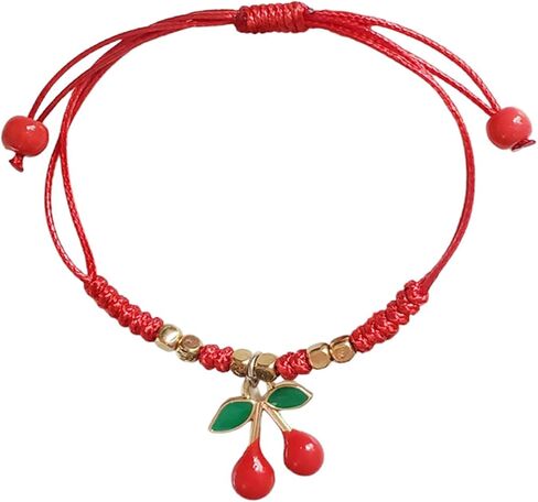 POYAMUSE Lovely Cherry and Strawberry Strand Bracelet Set - Sweet Red Fruit Accessory String Bracelet for Women in Saudi Arabia