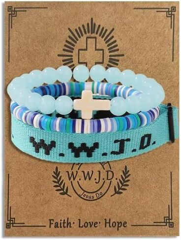 مجموعة أساور WWJD أساور معصم WWJD سوار صليب مسيحي قابل للتكديس أساور من الخرز الطيني تمتد زجاج مطرز بالخرز مجوهرات مسيحية ملهمة هدية للأزواج والنساء والرجال in Saudi Arabia