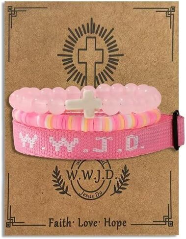 مجموعة أساور WWJD أساور معصم WWJD سوار صليب مسيحي قابل للتكديس أساور من الخرز الطيني تمتد زجاج مطرز بالخرز مجوهرات مسيحية ملهمة هدية للأزواج والنساء والرجال in Saudi Arabia