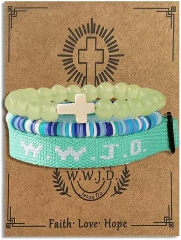 مجموعة أساور WWJD أساور معصم WWJD سوار صليب مسيحي قابل للتكديس أساور من الخرز الطيني تمتد زجاج مطرز بالخرز مجوهرات مسيحية ملهمة هدية للأزواج والنساء والرجال in Saudi Arabia