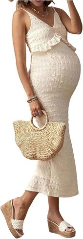 OYOANGLE Women's Maternity Dress Textured Spaghetti Strap Ruffle Slit Hem Pregnancy Dresses for Baby Shower in Saudi Arabia
