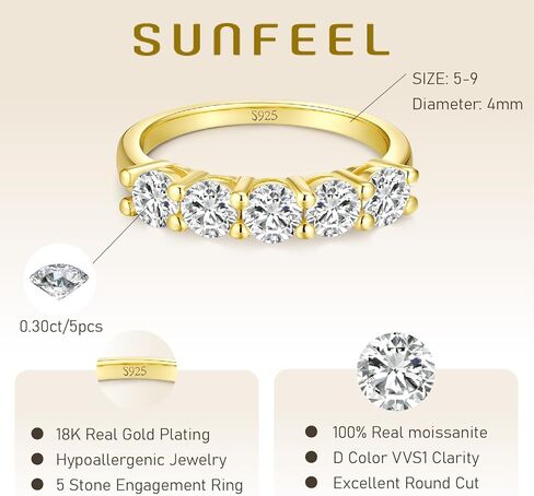 حلقات مويسانيتي من 5 أحجار من SUNFEEL للنساء 1.5 قيراط D لون VVS1 من الفضة الإسترليني مع طلاء الذهب عيار 18 قيراط عصابات زفاف مويسانيتي خواتم قابلة للتكديس خاتم مويسانيتي للخطوبة in Kuwait