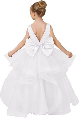 Flower Girl Dress for Wedding Tiered Tulle Princess Dress Kids Pearls Pageant First Communion Dress Bowknot Gowns in Saudi Arabia