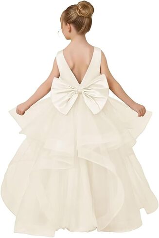 Flower Girl Dress for Wedding Tiered Tulle Princess Dress Kids Pearls Pageant First Communion Dress Bowknot Gowns in Saudi Arabia