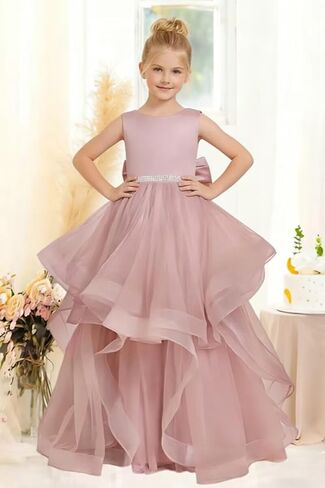 Flower Girl Dress for Wedding Tiered Tulle Princess Dress Kids Pearls Pageant First Communion Dress Bowknot Gowns in Saudi Arabia