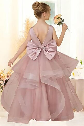 Flower Girl Dress for Wedding Tiered Tulle Princess Dress Kids Pearls Pageant First Communion Dress Bowknot Gowns in Saudi Arabia