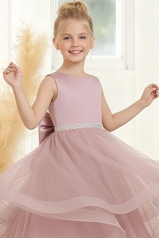 Flower Girl Dress for Wedding Tiered Tulle Princess Dress Kids Pearls Pageant First Communion Dress Bowknot Gowns in Saudi Arabia