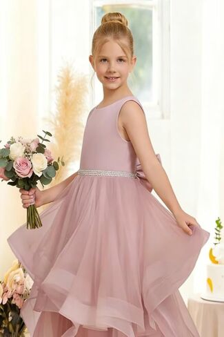 Flower Girl Dress for Wedding Tiered Tulle Princess Dress Kids Pearls Pageant First Communion Dress Bowknot Gowns in Saudi Arabia