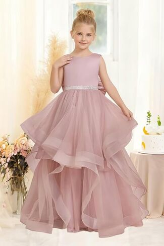 Flower Girl Dress for Wedding Tiered Tulle Princess Dress Kids Pearls Pageant First Communion Dress Bowknot Gowns in Saudi Arabia