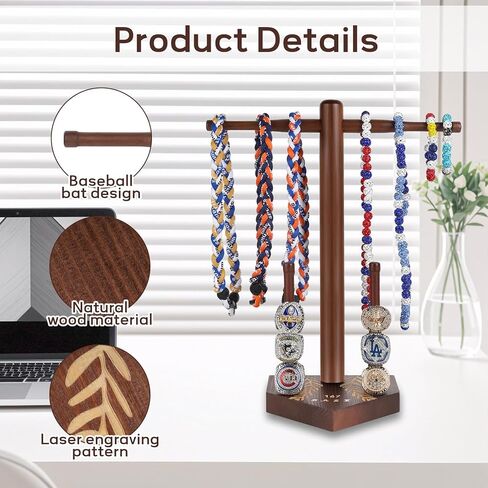 Baseball Necklace and Ring Display Holder, Wooden Sports Jewelry Organizer for Baseball or Softball Drip Pendants & Championship Rings, with 2 Gold Stickers for Custom Text in Saudi Arabia